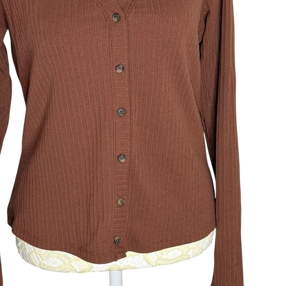 Banana Republic Factory Rib Knit Cardigan Top Blouse Shirt Auburn Brown S - Picture 4 of 7